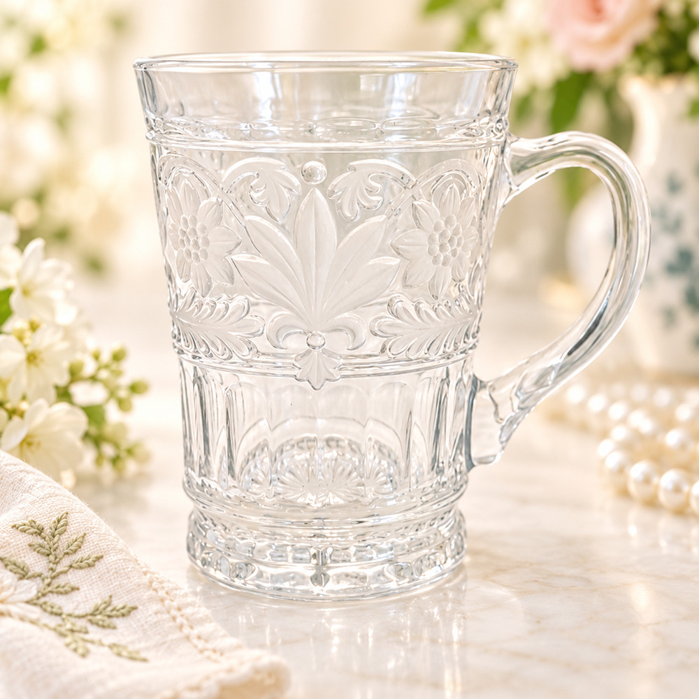 Mikasa Floral Trellis Clear Glass Mugs Set of 6 Grandmillennial Garden Party